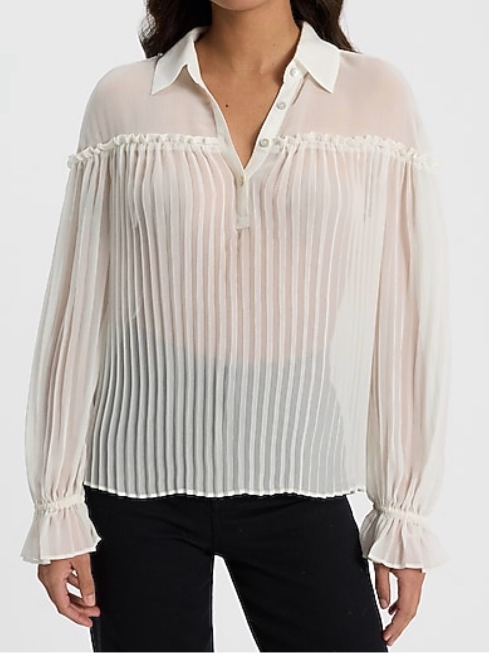 Sheer Collared Long Sleeve Pleated Top Ivory Xs Nwt